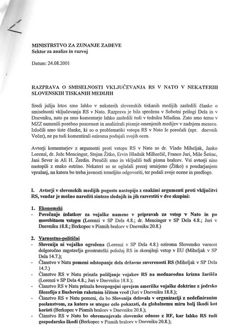 Analiza, ki izginja - odlomki analitičnega dela obveščevalne službe zunanjega ministrstva - Zajetna analiza od 1. marca do 14. julija 2001 Analiza, ki izginja - odlomki analitičnega dela obveščevalne službe zunanjega ministrstva - Zajetna analiza od 1. marca do 14. julija 2001