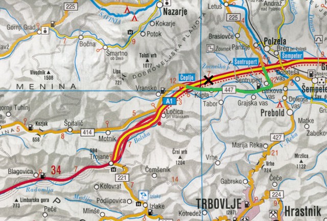 Navodila za izogib plačevanja cestnine - črni križ predstavlja cestninsko postajo, zeleno pa je 'krivina' Navodila za izogib plačevanja cestnine - črni križ predstavlja cestninsko postajo, zeleno pa je 'krivina'