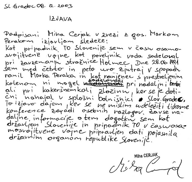 Alibi za Peraka - izjava teritorialca, ki je ustrelil Marka Peraka