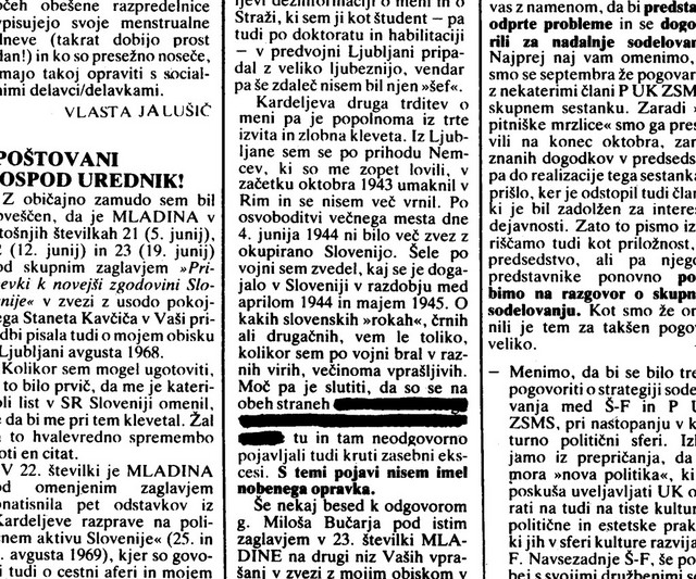 Zakaj je bila Mladina zaplenjena leta 1987 - 6 besed v pismu Cirila Žebota iz ZDA: OD KOMUNISTIČNEGA VODSTVA NAČRTNO ZAČETE BRATOMORIJE. Objava pisma v Mladini po razsodbi višjega sodišča, ki je Mladino odplenilo in dovolilo izid ostalega dela številke, razen 6-ih besed. Zakaj je bila Mladina zaplenjena leta 1987 - 6 besed v pismu Cirila Žebota iz ZDA: OD KOMUNISTIČNEGA VODSTVA NAČRTNO ZAČETE BRATOMORIJE. Objava pisma v Mladini po razsodbi višjega sodišča, ki je Mladino odplenilo in dovolilo izid ostalega dela številke, razen 6-ih besed.