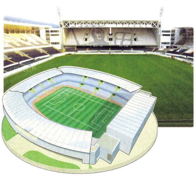 Estadion Dom Alfonso Henriques v portugalskem Guimaraesu, zgrajen za Euro 2004, cena 26.356.800 evrov, zmogljivost 29.865 gledalcev Estadion Dom Alfonso Henriques v portugalskem Guimaraesu, zgrajen za Euro 2004, cena 26.356.800 evrov, zmogljivost 29.865 gledalcev