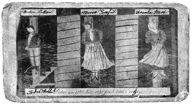 Risba treh obešencev, ki so jo prodajali radovednežem ob zadnji javni usmrtitvi v Novem mestu leta 1865. (Dolenjski muzej Novo mesto)