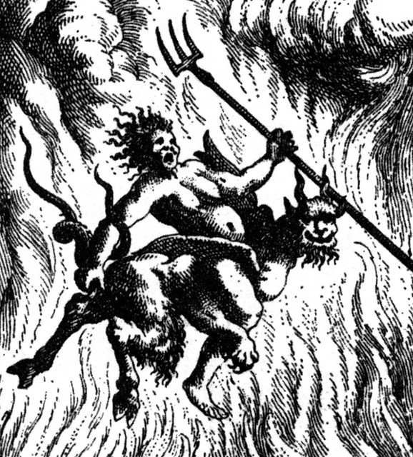 Hudič nosi čarovnico v pekel (Janez Vajkard Valvasor, Prizorišče človeške smrti, 1682)
