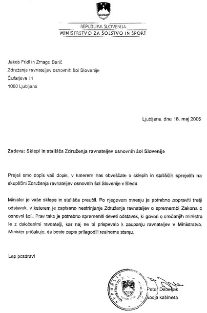 Milan Zver prek vodje kabineta sporoča, da je treba Milan Zver prek vodje kabineta sporoča, da je treba