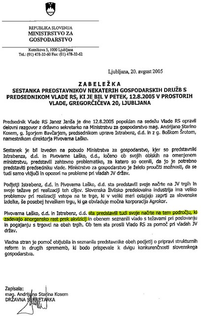 Dokaz št. 1: Zabeležka sestanka pri predsedniku vlade, ki smo jo na Mladino prejeli od vlade 11. oktobra. Iz zabeležke je razvidno, da so bili na sestanku Janez Janša, Andrijana Starina Kosem, Boško Šrot in Igor Bavčar. Matjaža Gantarja ne omenjajo.