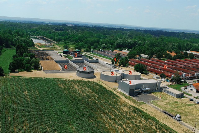 1. Dostava, predelava in sterilizacija mesnih odpadkov, 2,3 Fermentorji in polnilnica za gnojnico in koruzno silažo, 4. Plinski generatorji, 5. Postfermentacija (filtracija plina), 6. Boksi za silažo, 7. Čistilna naprava, 8. Prašičja farma