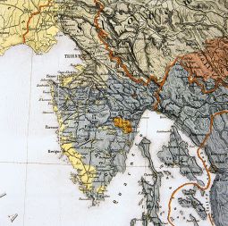 Etnična slika Istre po popisu iz leta 1846, ki ga je opravil avstrijski uradnik Karl Czoernig (z rumeno barvo je označeno območje naseljeno pretežno z italijansko govorečimi prebivalci, z modro hrvaško govorečimi, s sivo slovensko govorečimi in z rdečo aromunsko govorečimi prebivalci Istre) 