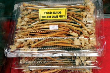 Posušeni kačji penisi na stojnici ob prazniku v čast najpomembnejšemu predniku v dinhu vasi Le Mat Posušeni kačji penisi na stojnici ob prazniku v čast najpomembnejšemu predniku v dinhu vasi Le Mat